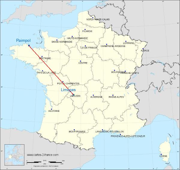 Distance Paimpol Limoges sur la carte de France