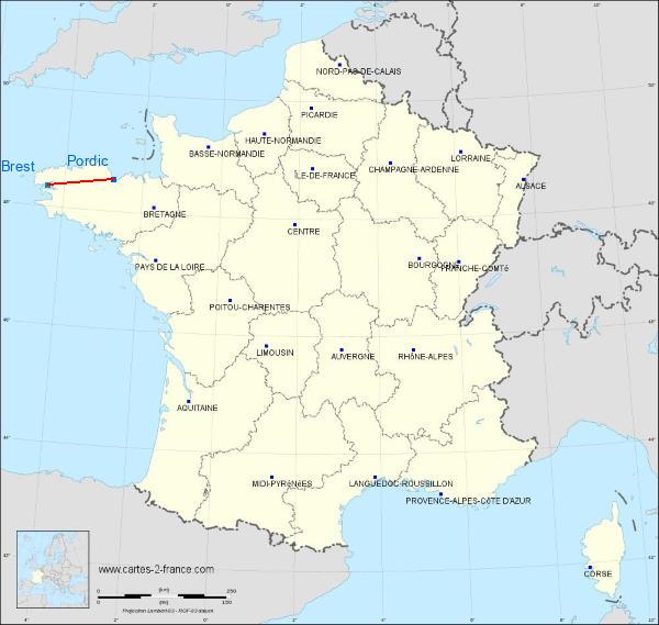 Distance Saint-Brieuc – Armor Airport Brest sur la carte de France