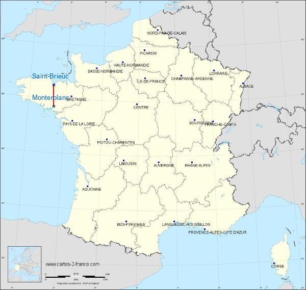 Distance Saint-Brieuc Vannes-Meucon Airport sur la carte de France