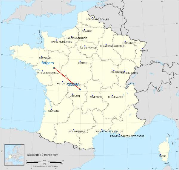 Distance Guéret Angers sur la carte de France