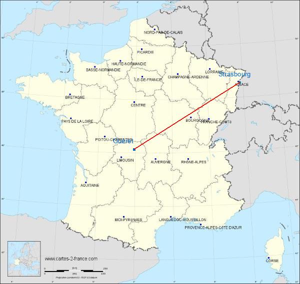 Distance Guéret Strasbourg sur la carte de France