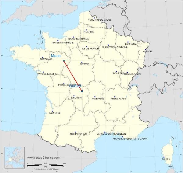 Distance Guéret Le Mans sur la carte de France