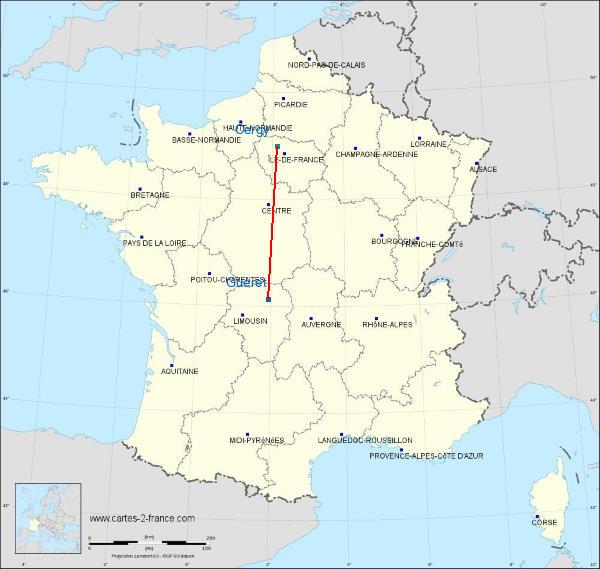Distance Guéret Cergy-Pontoise sur la carte de France