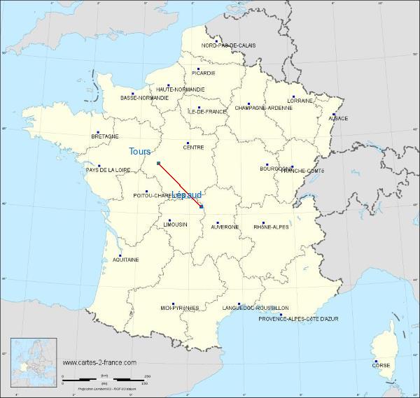 Distance Montluçon – Guéret Airport Tours sur la carte de France