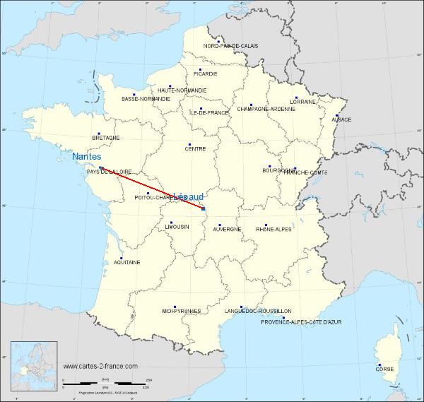 Distance Montluçon – Guéret Airport Nantes sur la carte de France