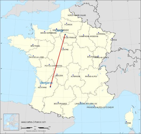 Distance Bergerac Cergy-Pontoise sur la carte de France