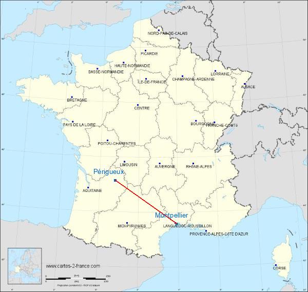 Distance Périgueux Montpellier sur la carte de France