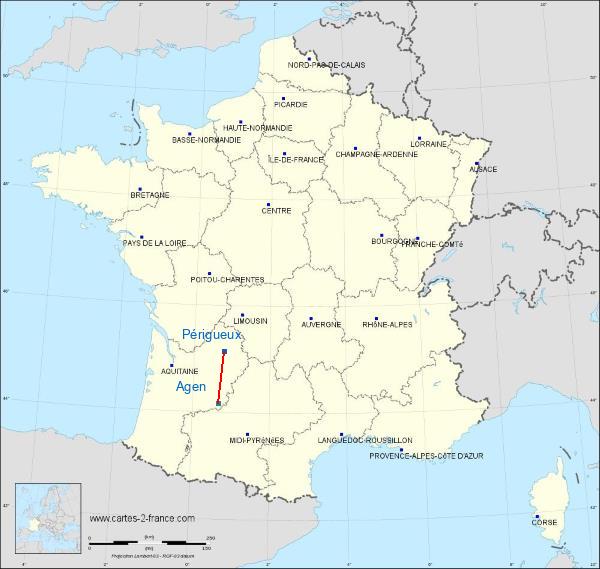 Distance Périgueux Agen sur la carte de France