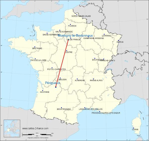 Distance Périgueux Saint-Quentin-en-Yvelines sur la carte de France