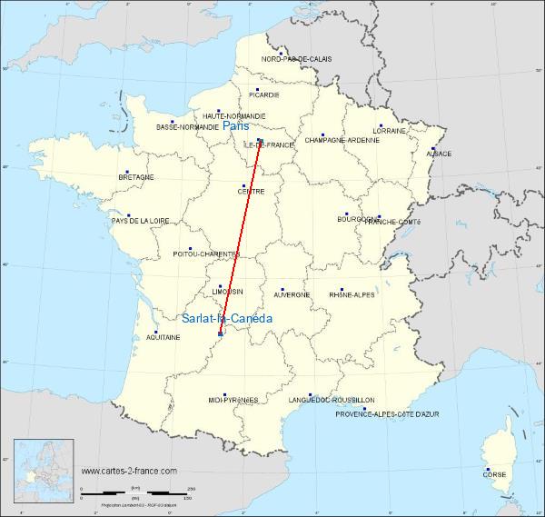 Distance Sarlat-la-Canéda Paris sur la carte de France