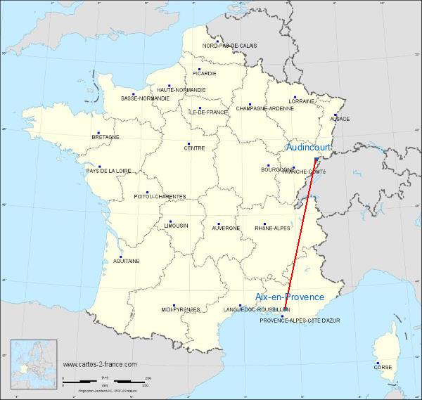 Distance Audincourt Aix-en-Provence sur la carte de France