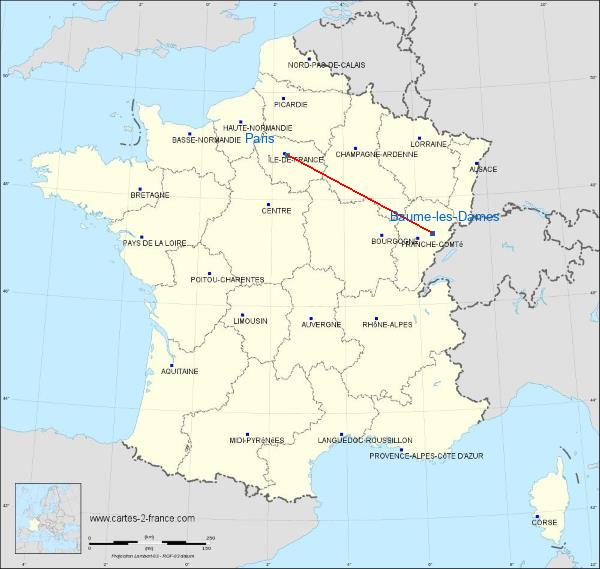 Distance Baume-les-Dames Paris sur la carte de France