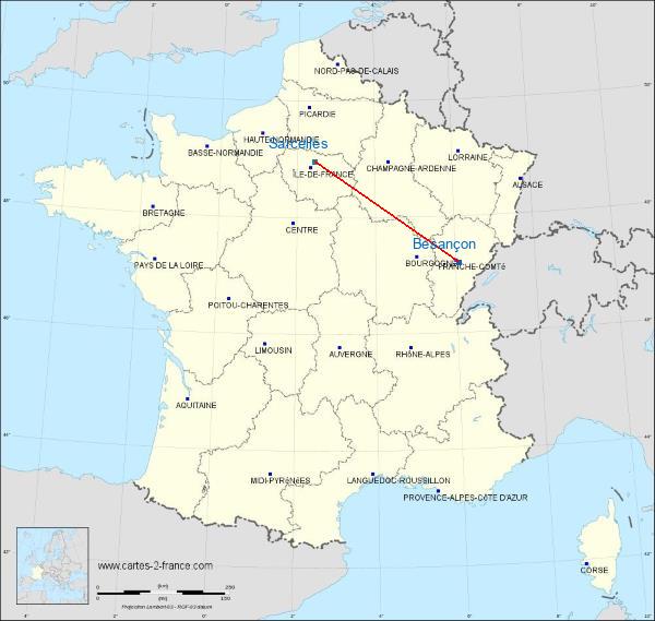 Distance Besançon Sarcelles sur la carte de France