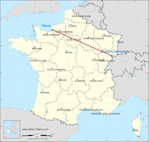 Distance Grand-Charmont Le Havre sur la carte de France