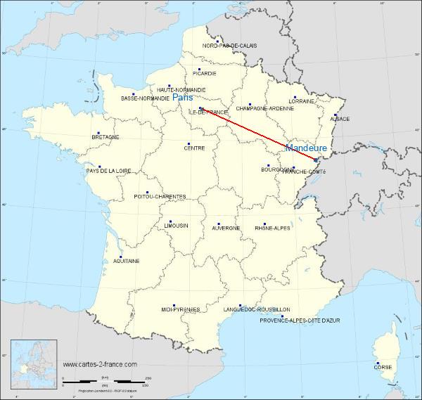 Distance Mandeure Paris sur la carte de France