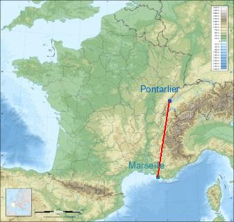 Distance entre de Pontarlier et Marseille sur la carte de France