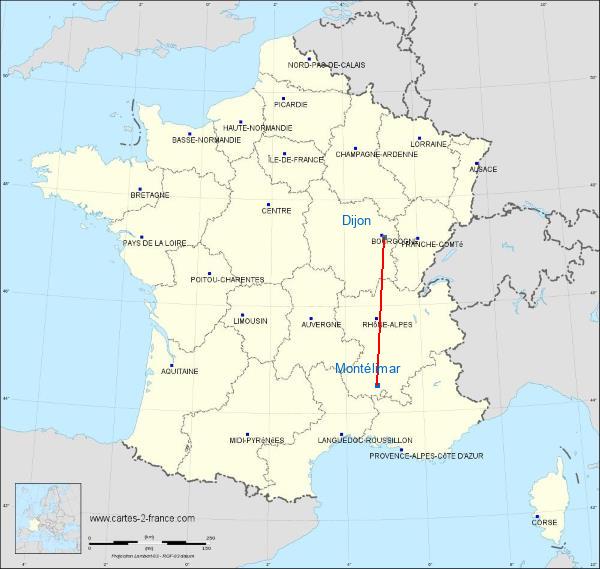 Distance Montélimar Dijon sur la carte de France