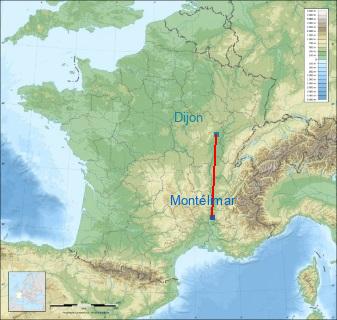 Distance entre de Montélimar et Dijon sur la carte de France