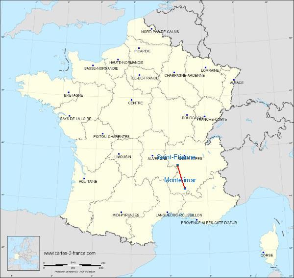 Distance Montélimar Saint-Étienne sur la carte de France