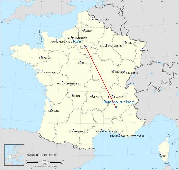 Distance Romans-sur-Isère Paris sur la carte de France