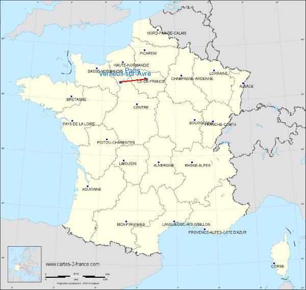 Distance Verneuil-sur-Avre Paris sur la carte de France