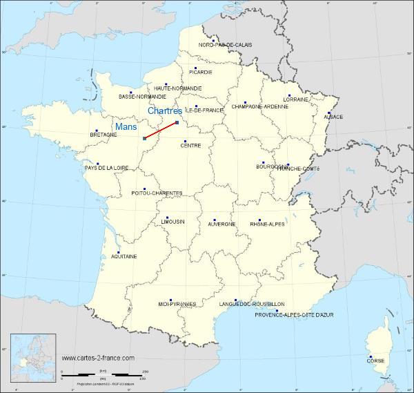 Distance Chartres Le Mans sur la carte de France