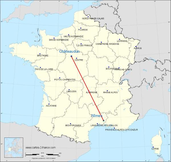 Distance Châteaudun Nîmes sur la carte de France