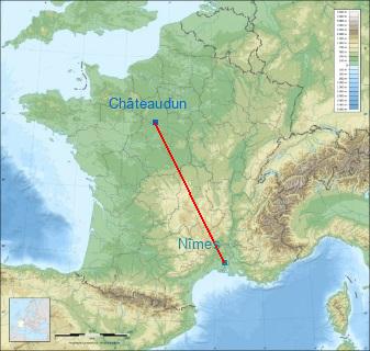 Distance entre de Châteaudun et Nîmes sur la carte de France