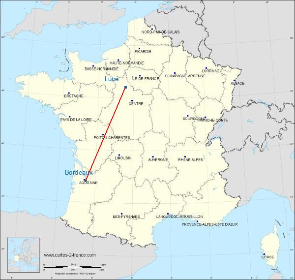 Distance Lucé Bordeaux sur la carte de France