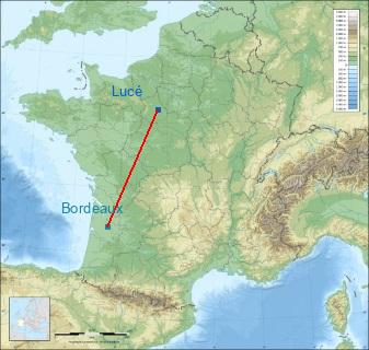 Distance entre de Lucé et Bordeaux sur la carte de France