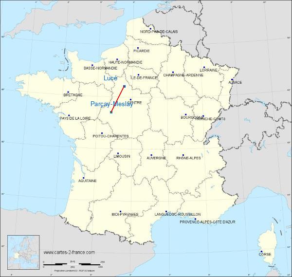 Distance Lucé Tours Val de Loire Airport sur la carte de France