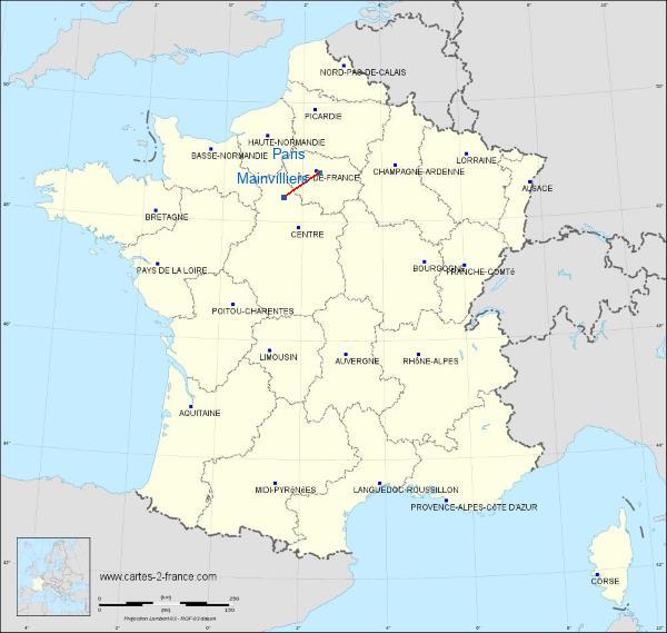 Distance Mainvilliers Paris sur la carte de France