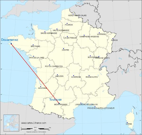 Distance Douarnenez Toulouse sur la carte de France