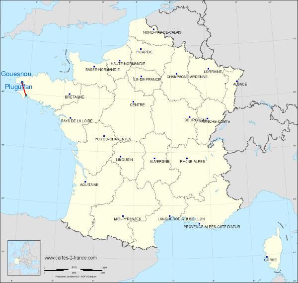 Distance Gouesnou Quimper-Pluguffan sur la carte de France