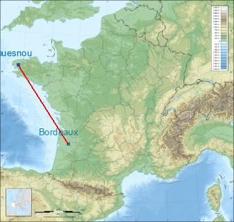 Distance entre de Gouesnou et Bordeaux sur la carte de France