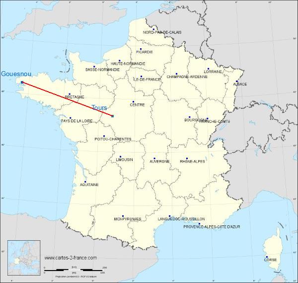 Distance Gouesnou Tours sur la carte de France