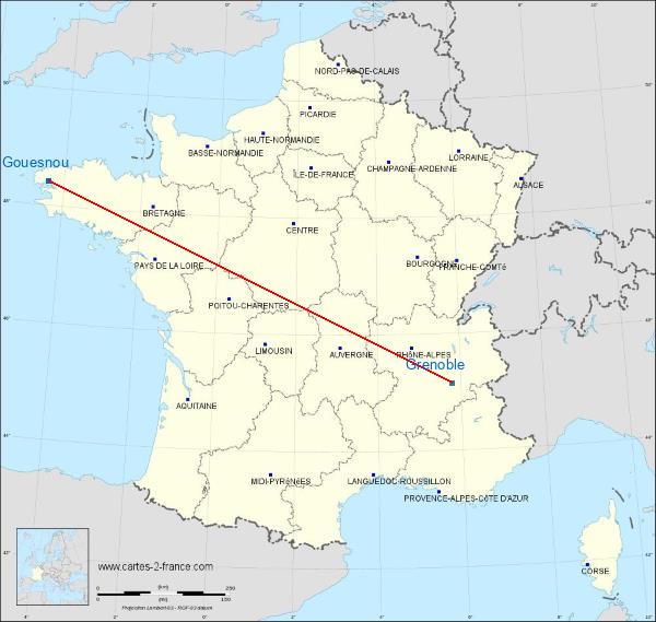 Distance Gouesnou Grenoble sur la carte de France