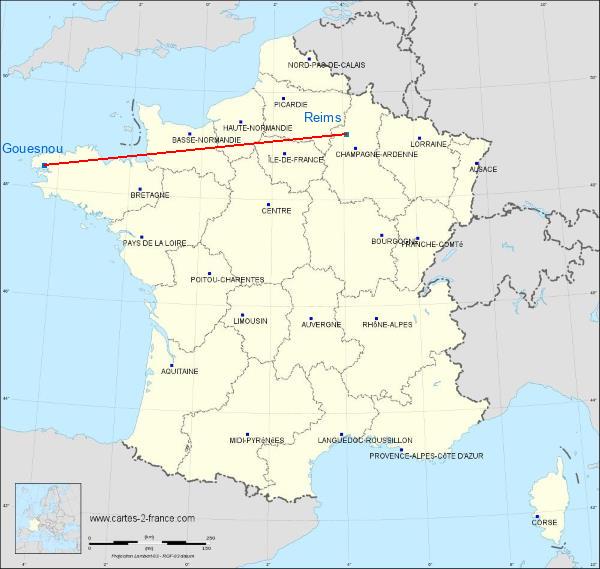 Distance Gouesnou Reims sur la carte de France