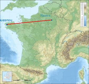 Distance entre de Gouesnou et Reims sur la carte de France