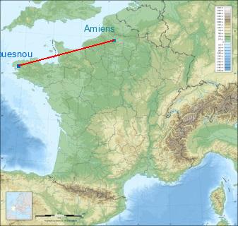 Distance entre de Gouesnou et Amiens sur la carte de France