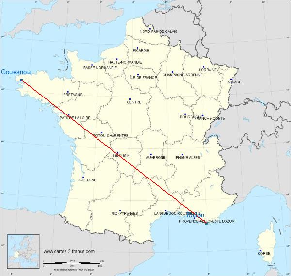 Distance Gouesnou Toulon sur la carte de France
