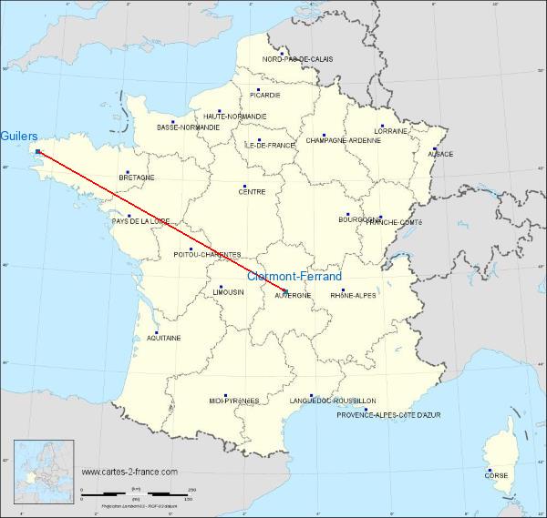 Distance Guilers Clermont-Ferrand sur la carte de France