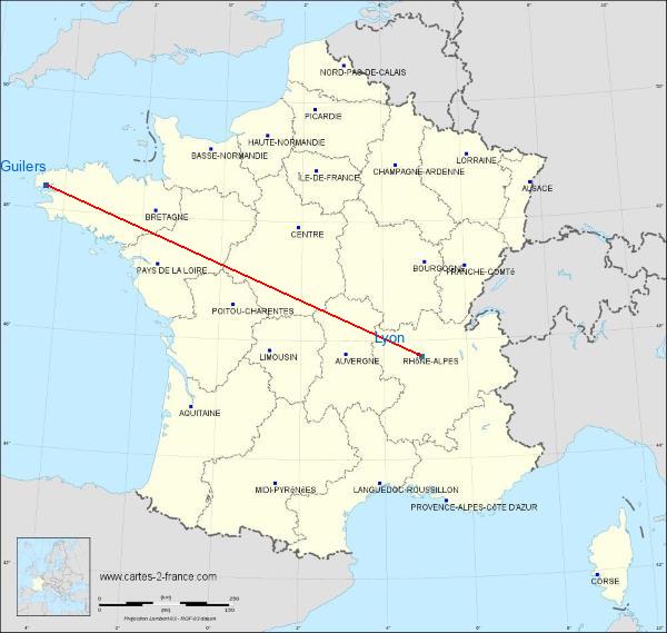 Distance Guilers Lyon sur la carte de France