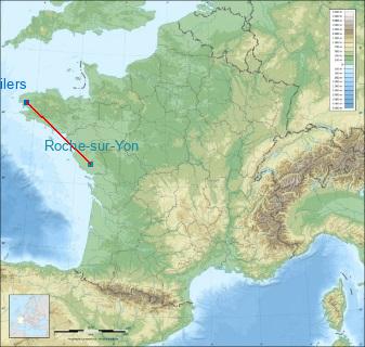 Distance entre de Rd pt des Chataigniers, Rte de Milizac, Guilers, Finistère, France et La Roche-sur-Yon sur la carte de France