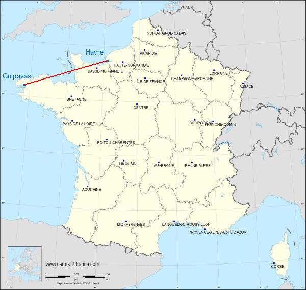 Distance Brest-Bretagne Le Havre sur la carte de France