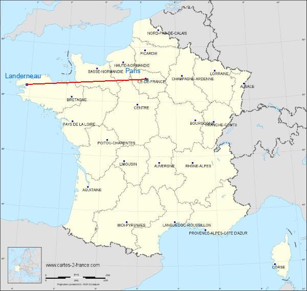 Distance Landerneau Paris sur la carte de France