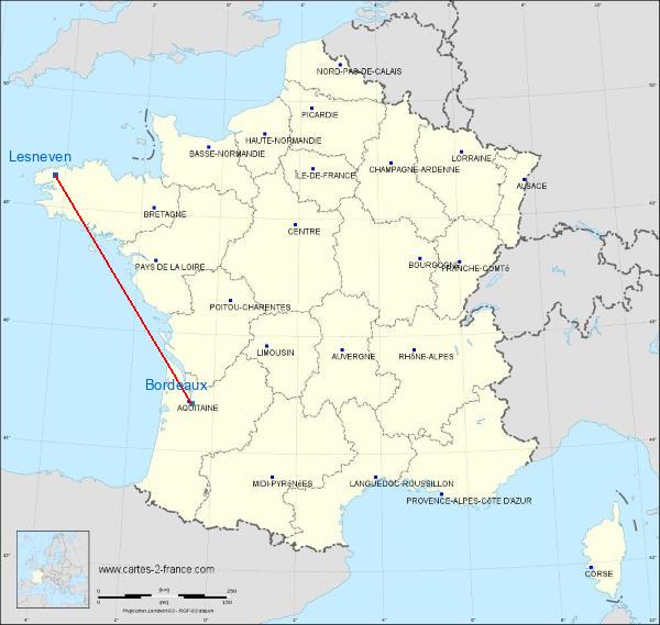 Distance Lesneven Bordeaux sur la carte de France