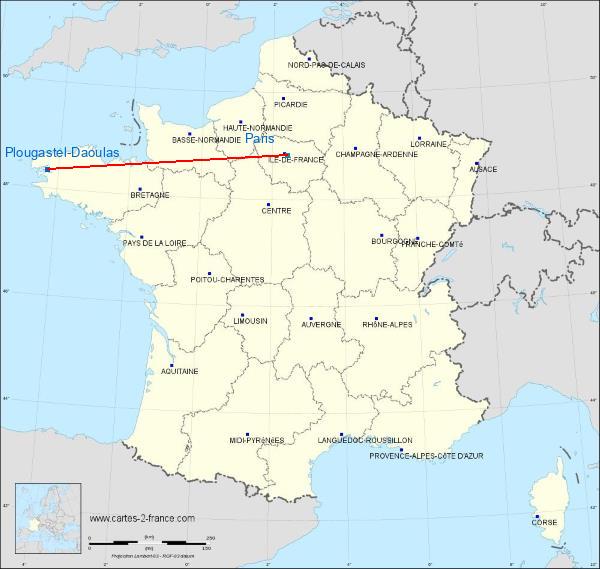 Distance Plougastel-Daoulas Paris sur la carte de France