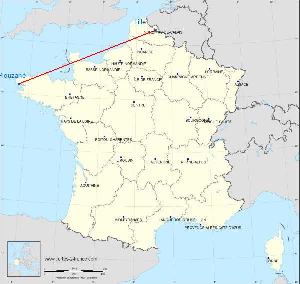 Distance Plouzané Lille sur la carte de France