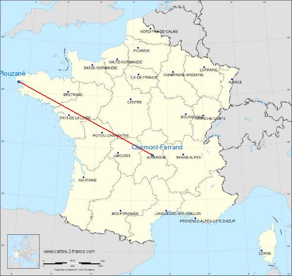 Distance Plouzané Clermont-Ferrand sur la carte de France